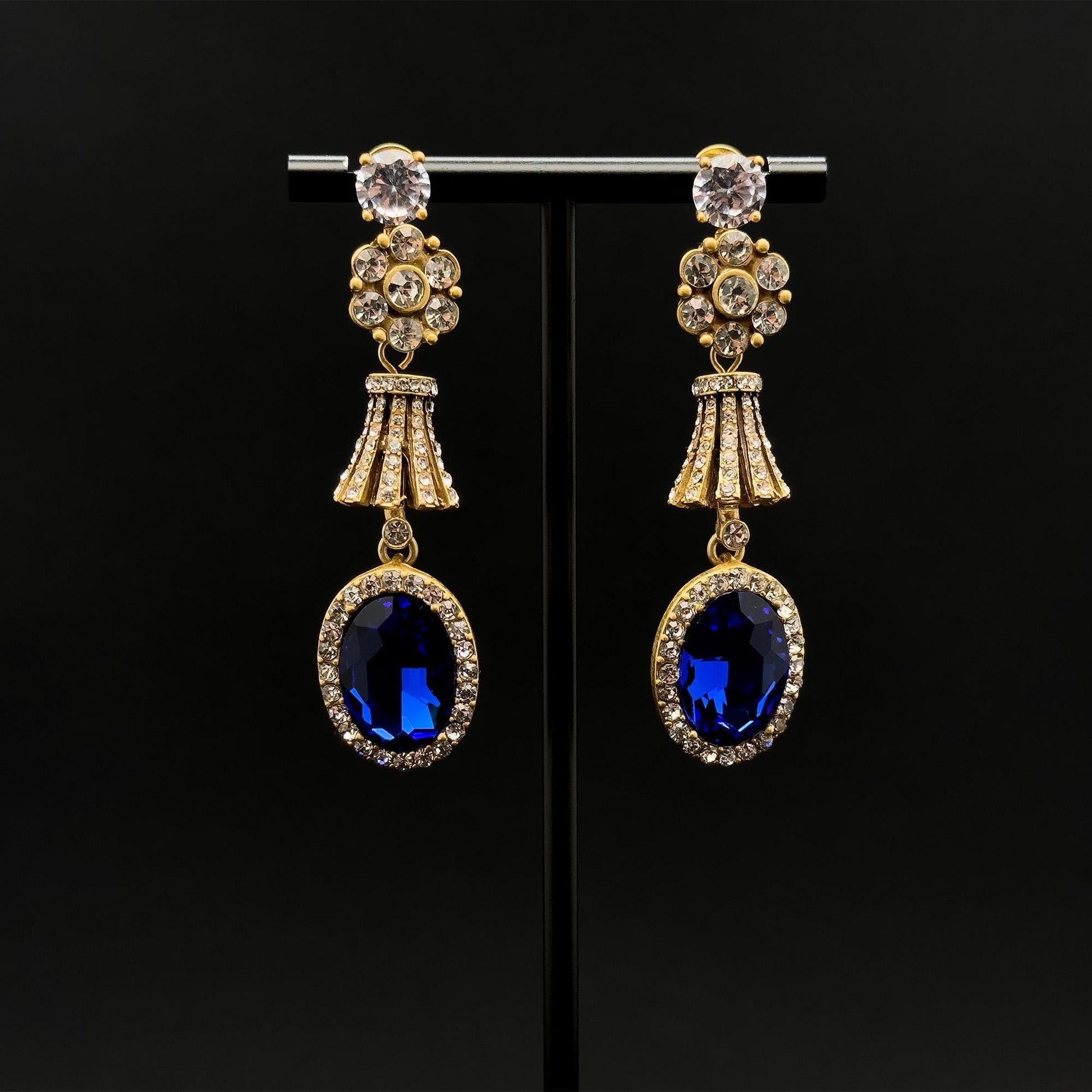 Vintage Art Deco Dangle Earrings Rhinestone Glass Copper 925 Silver