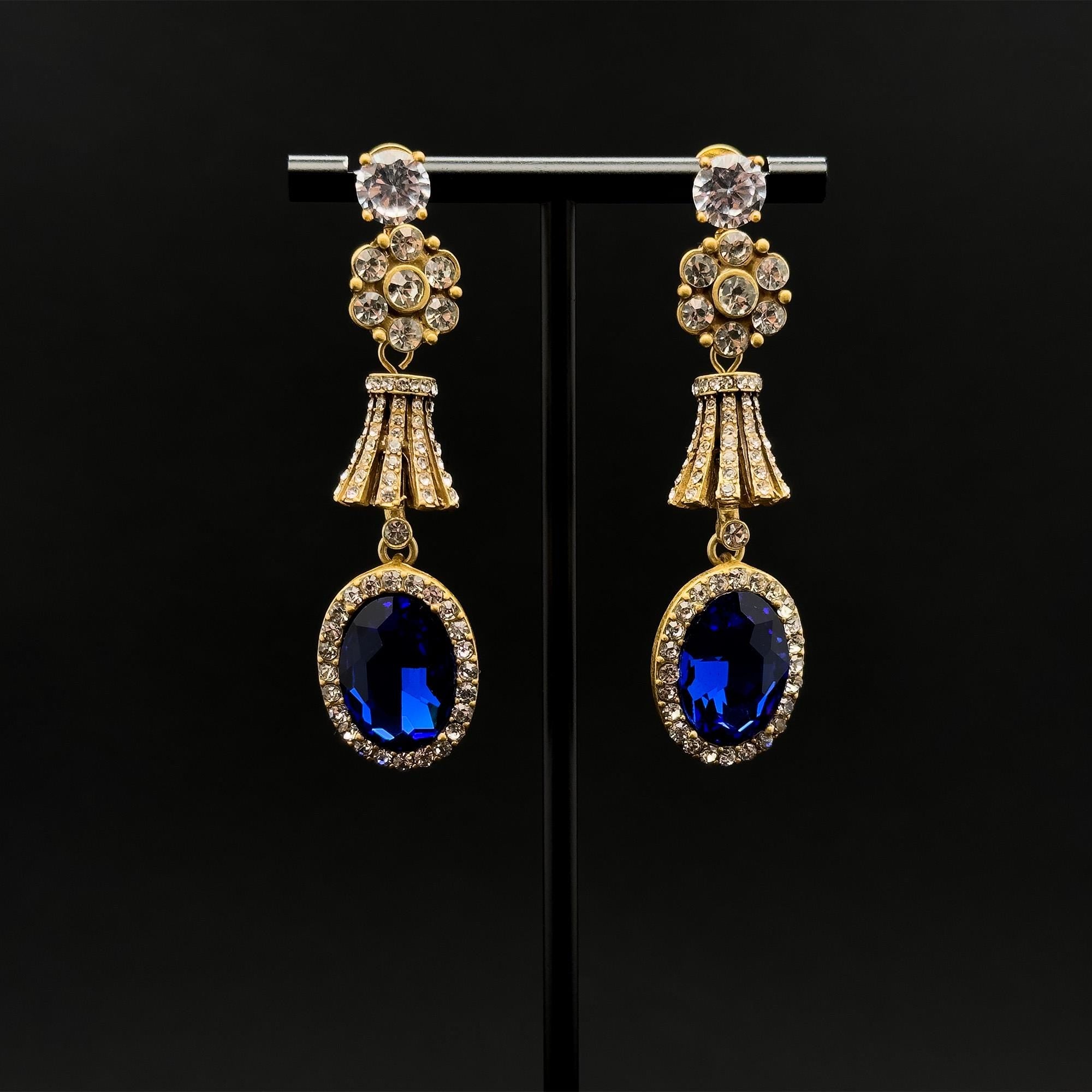 Vintage Art Deco Dangle Earrings Rhinestone Glass Copper 925 Silver