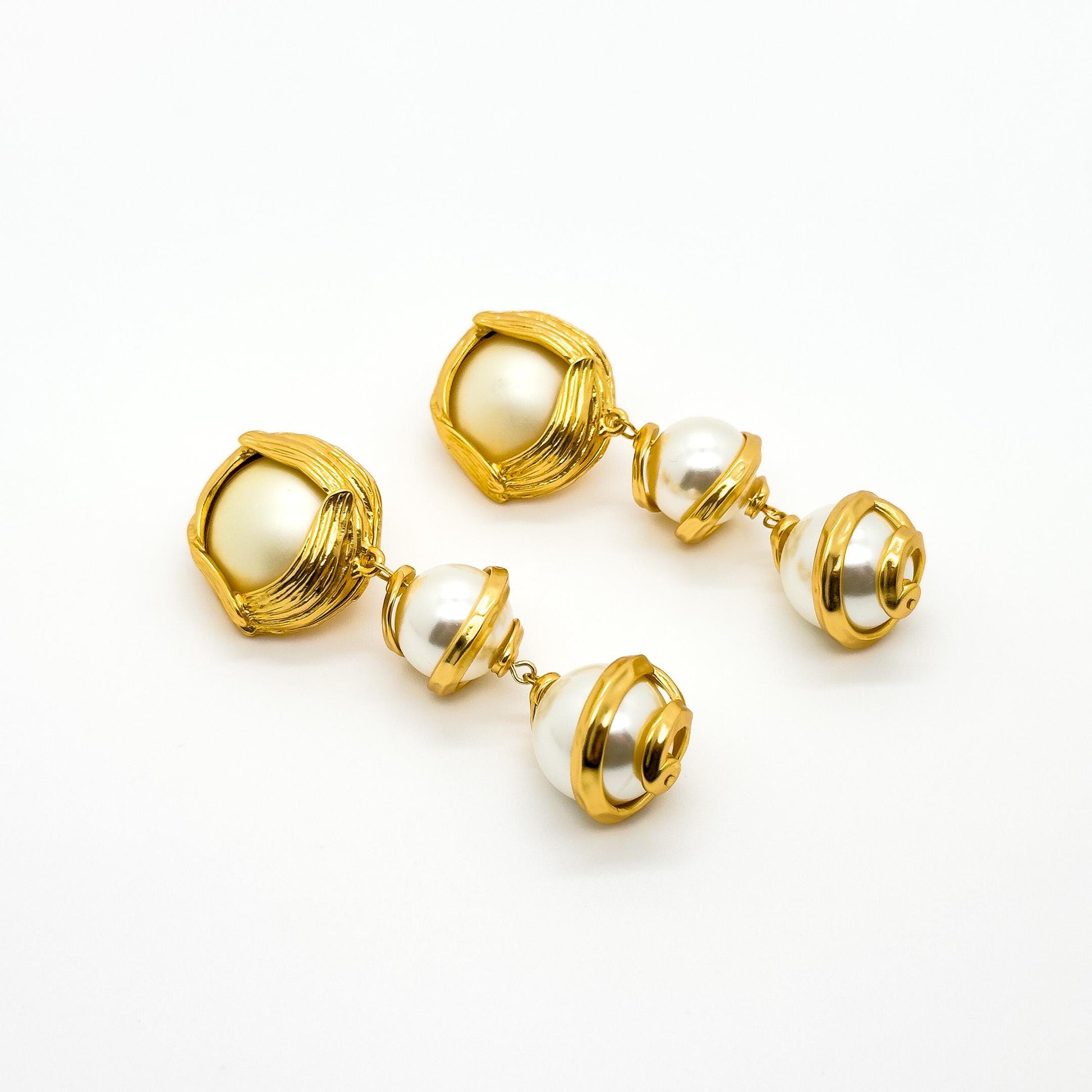 Baroque Pearl Drop Clip-On Earrings Gold-Plated Long Dangle Pair