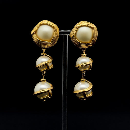 Baroque Pearl Drop Clip-On Earrings Gold-Plated Long Dangle Pair