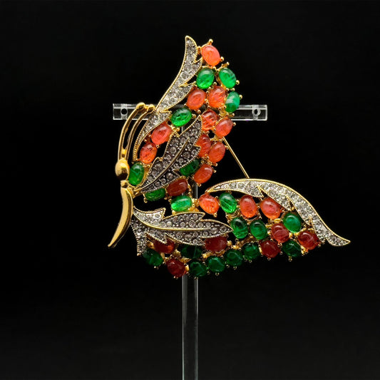 French Vintage Pink Butterfly Rhinestone Brooch Gold-Plated Resin Gift Box