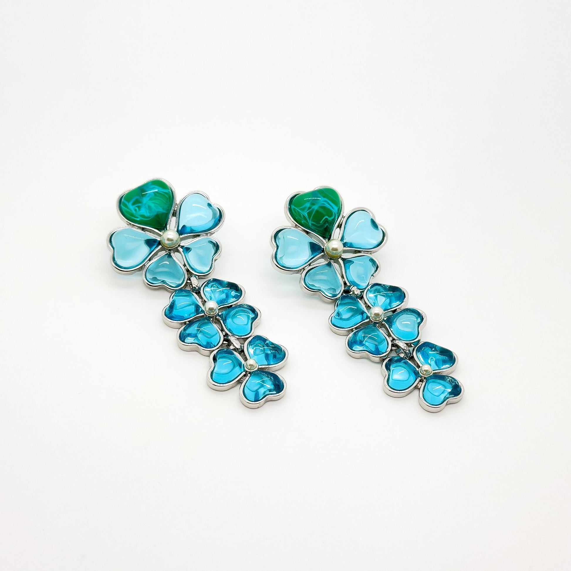 Sapphire Blue Four-Leaf Clover Long Earrings, Resin Pearl Dangles