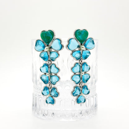 Sapphire Blue Four-Leaf Clover Long Earrings, Resin Pearl Dangles