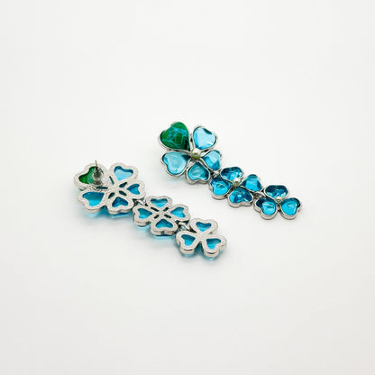 Sapphire Blue Four-Leaf Clover Long Earrings, Resin Pearl Dangles