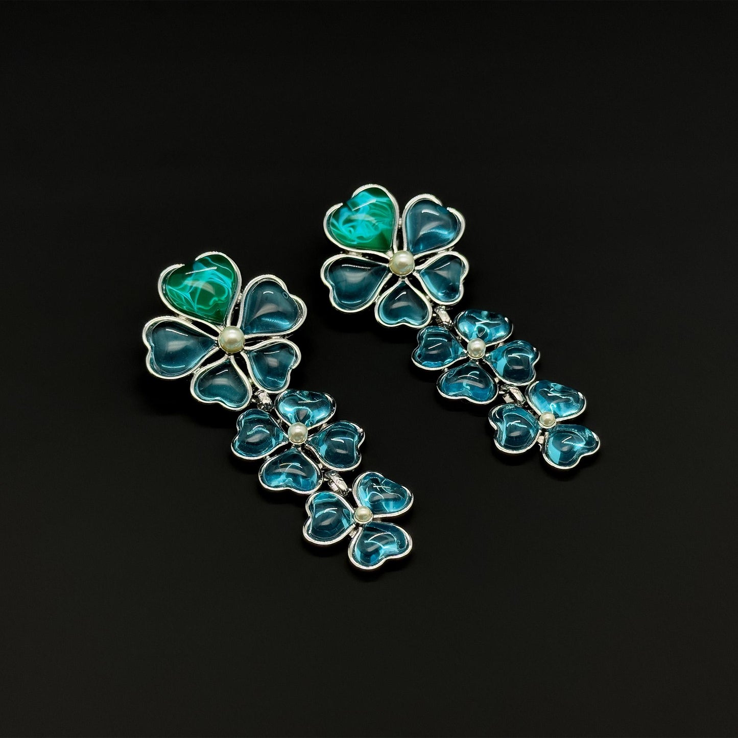Sapphire Blue Four-Leaf Clover Long Earrings, Resin Pearl Dangles