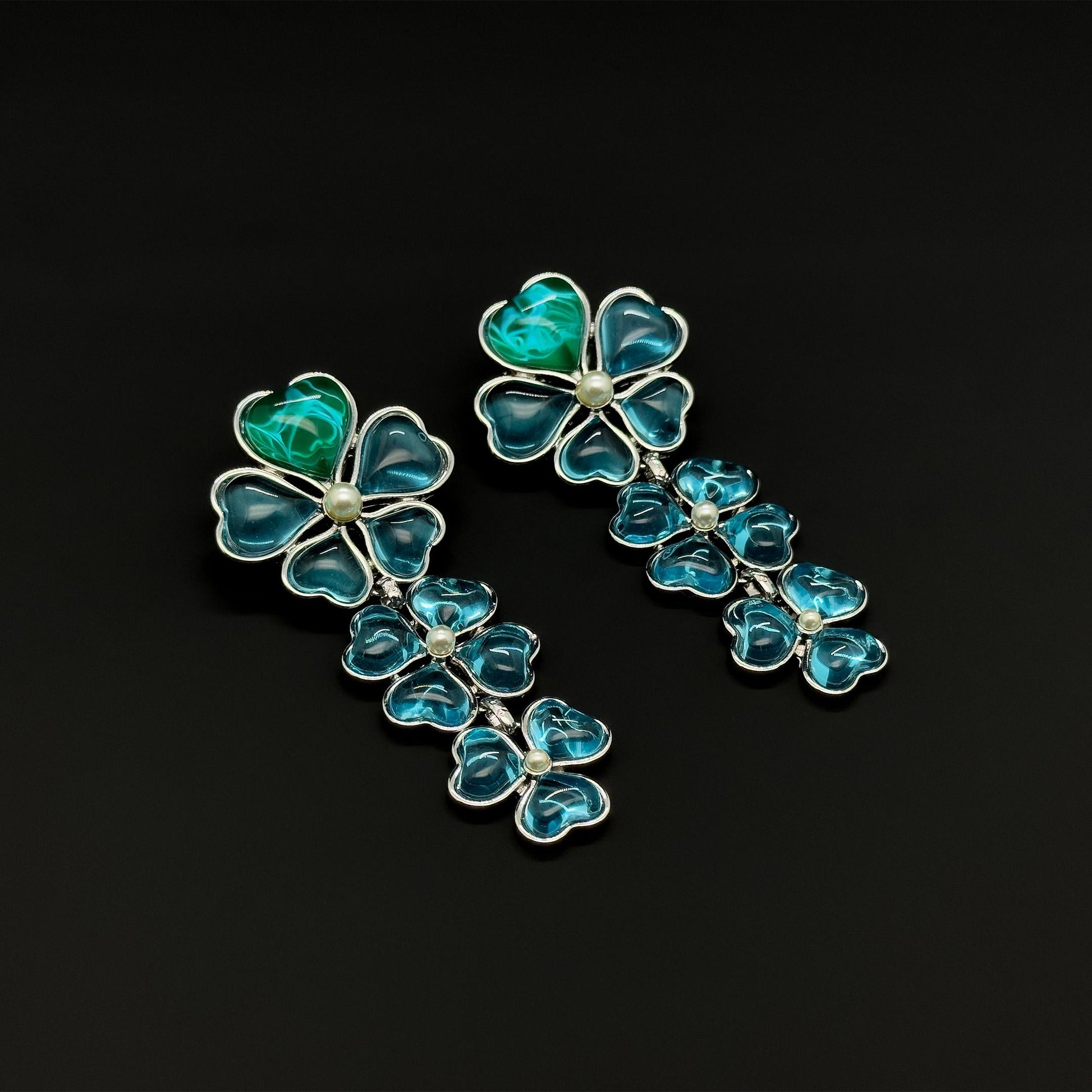 Sapphire Blue Four-Leaf Clover Long Earrings, Resin Pearl Dangles