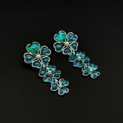 Sapphire Blue Four-Leaf Clover Long Earrings, Resin Pearl Dangles
