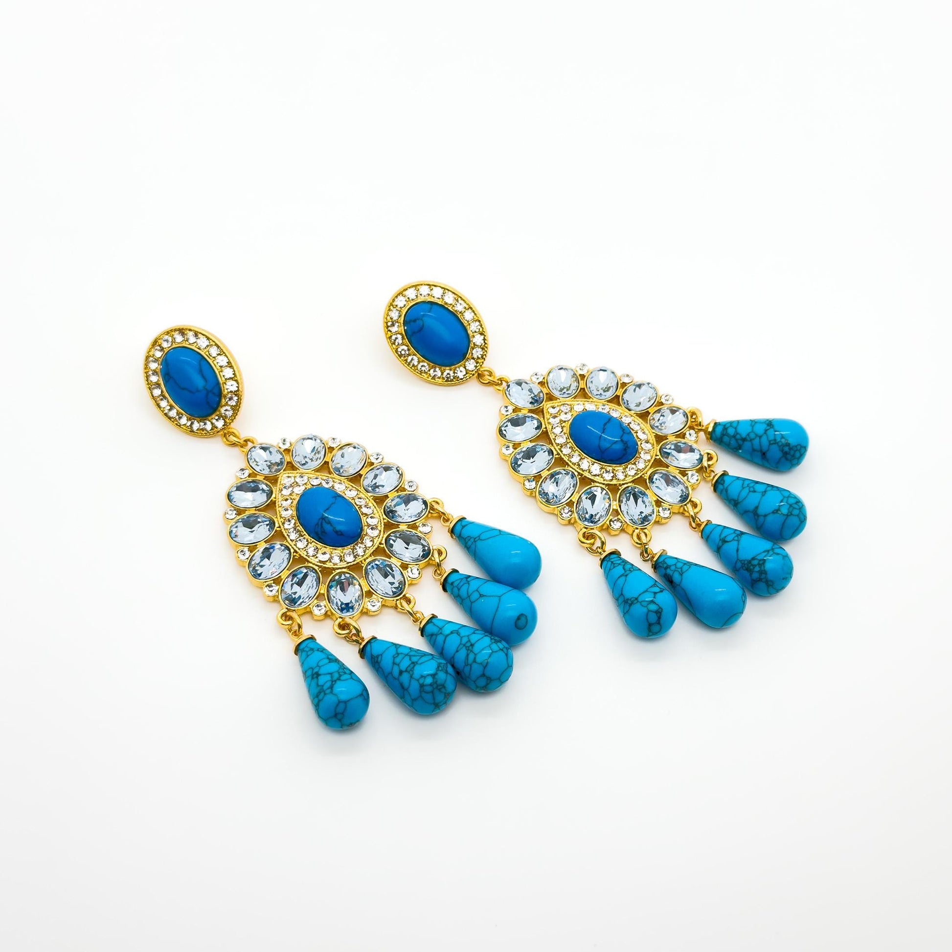 French Retro Teardrop Statement Earrings with Rhinestones and Glass