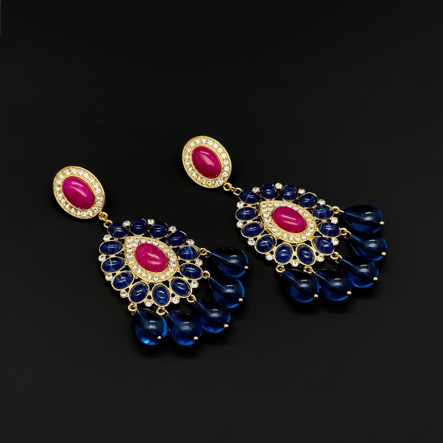 French Retro Teardrop Statement Earrings with Rhinestones and Glass