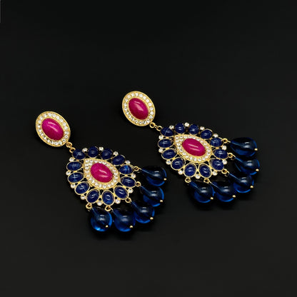 French Retro Teardrop Statement Earrings with Rhinestones and Glass