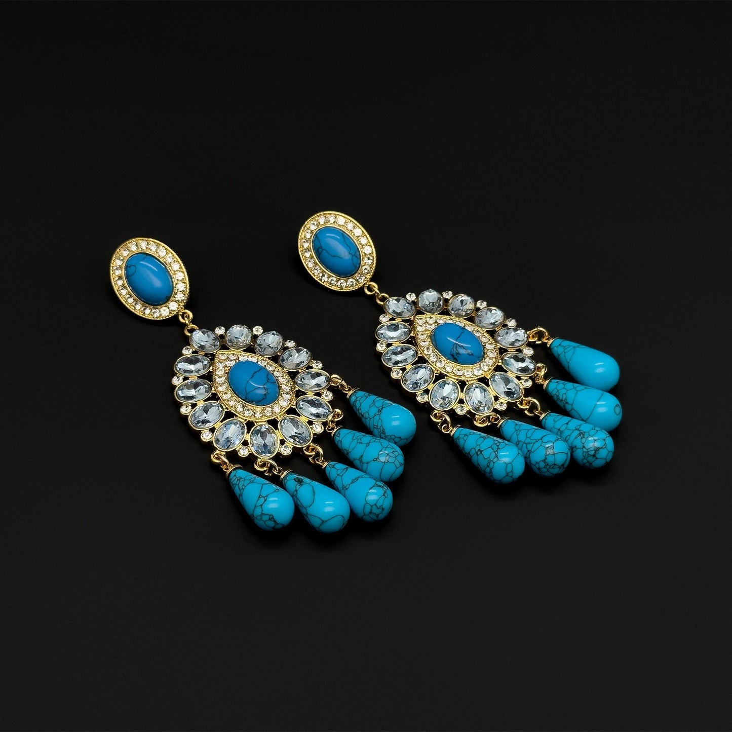 French Retro Teardrop Statement Earrings with Rhinestones and Glass