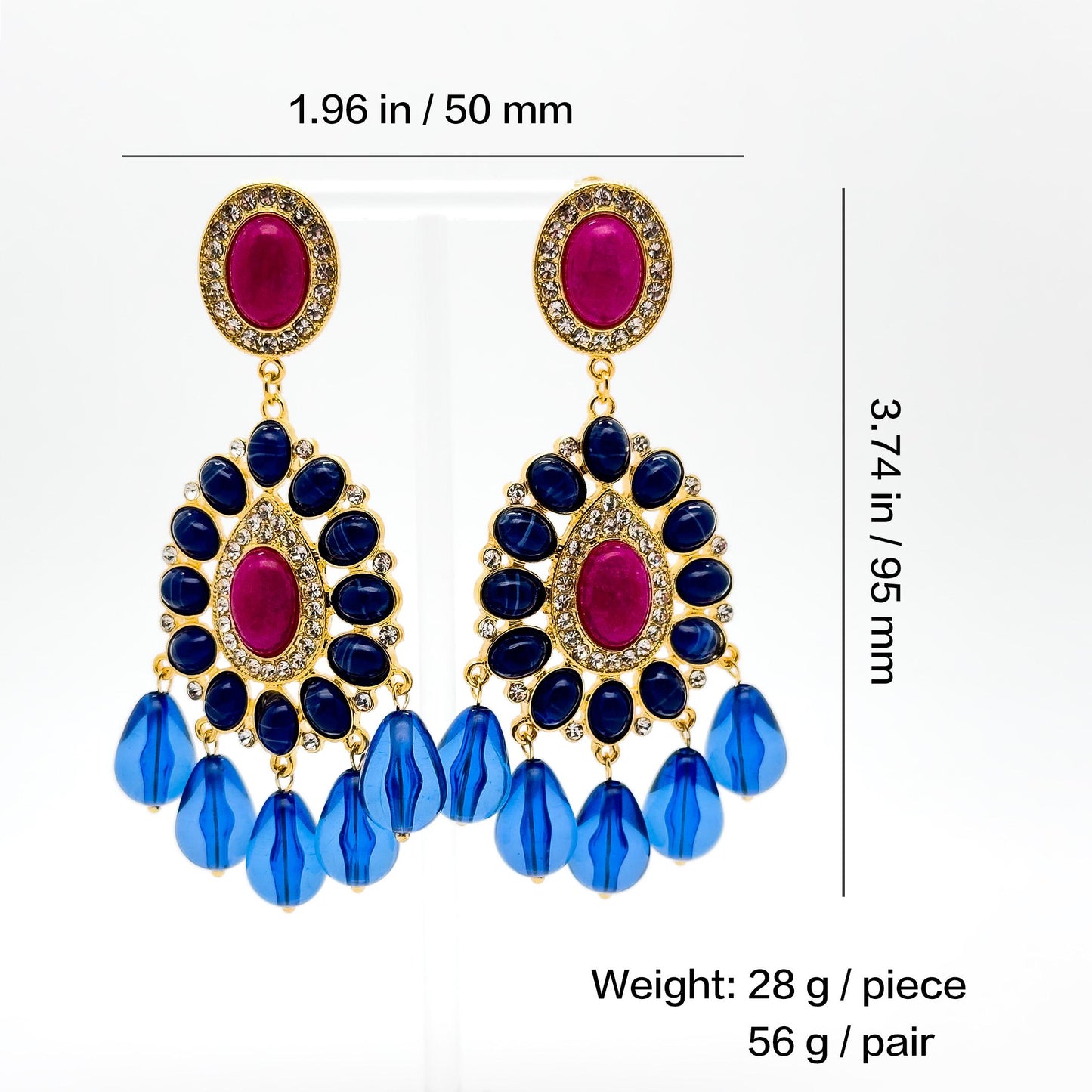 French Retro Teardrop Statement Earrings with Rhinestones and Glass