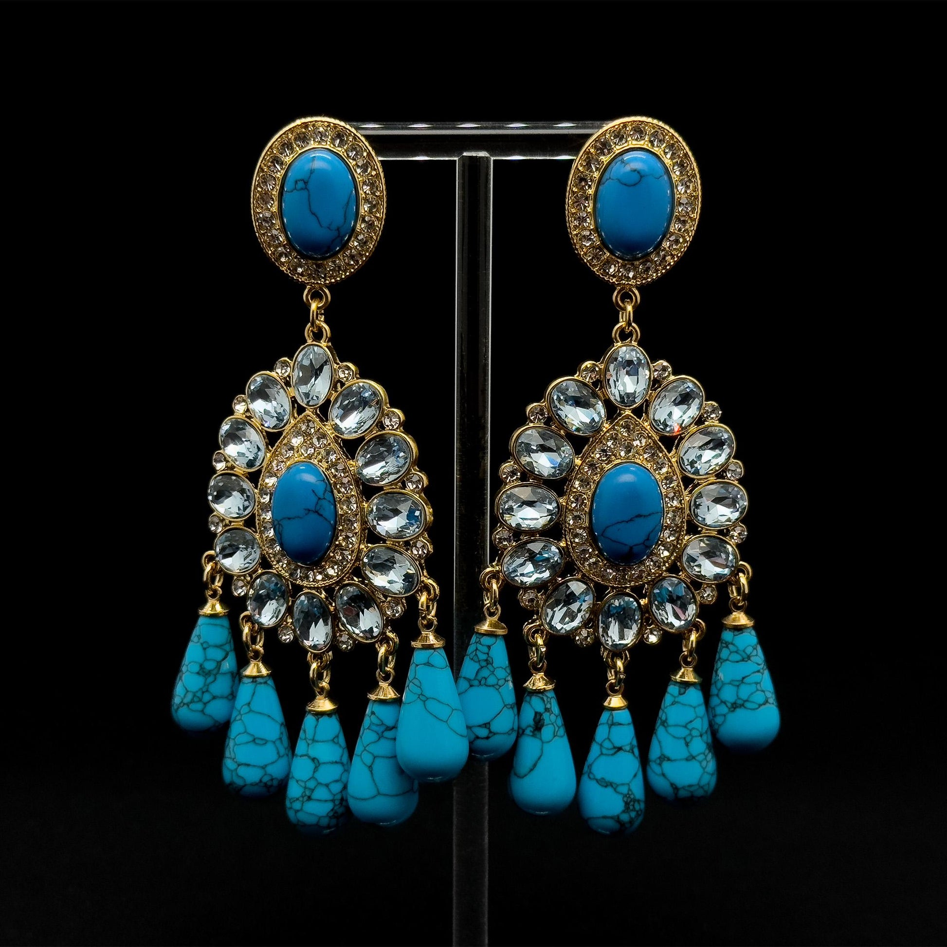 French Retro Teardrop Statement Earrings with Rhinestones and Glass