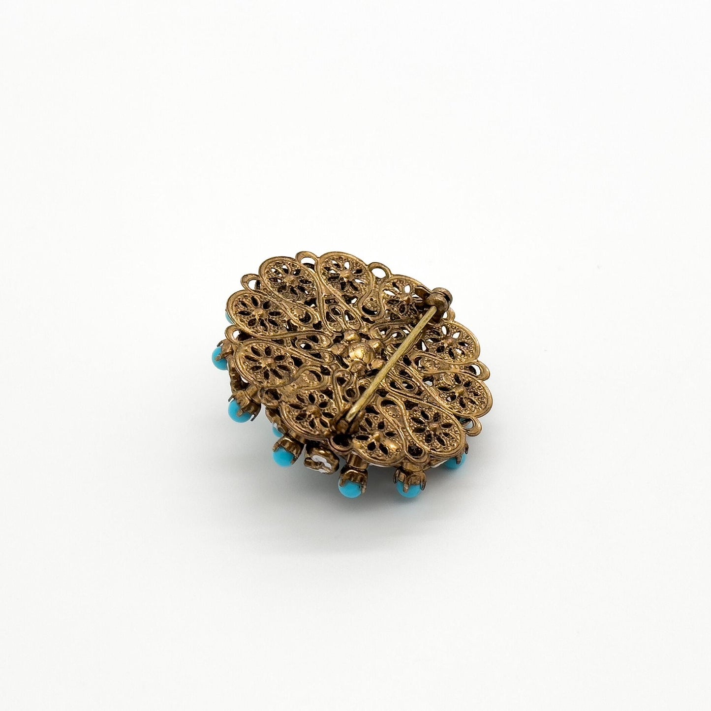 Vintage Art Deco Copper Stone Boho Floral Brooch 40mm