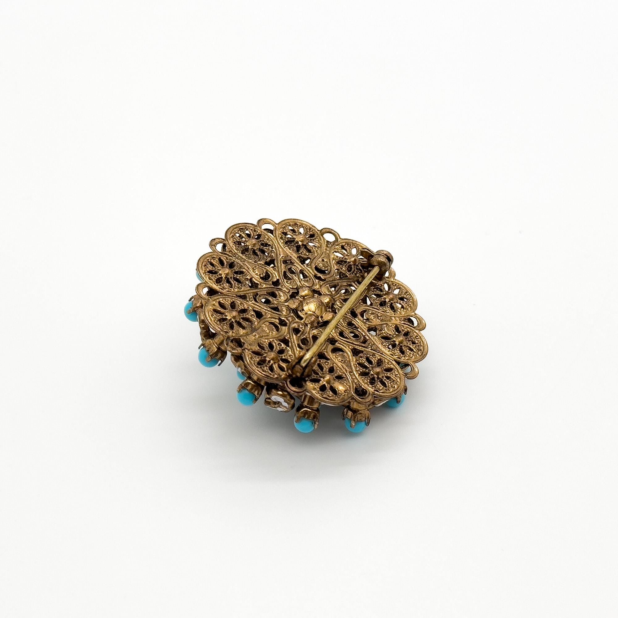 Vintage Art Deco Copper Stone Boho Floral Brooch 40mm