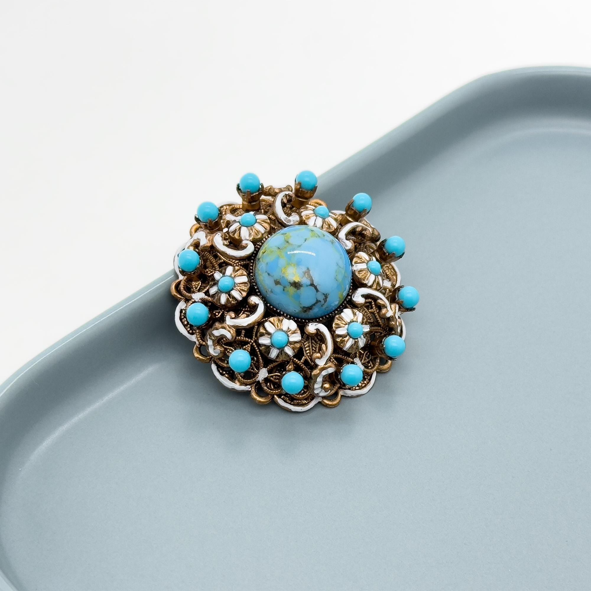 Vintage Art Deco Copper Stone Boho Floral Brooch 40mm