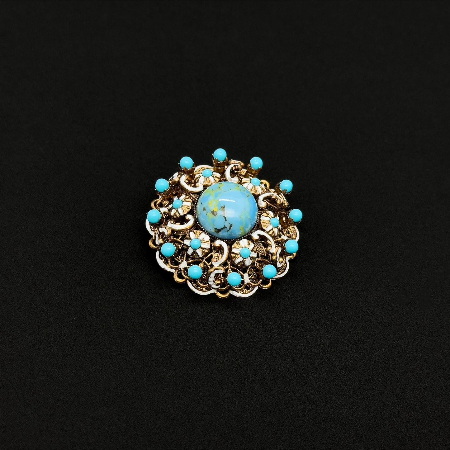 Vintage Art Deco Copper Stone Boho Floral Brooch 40mm