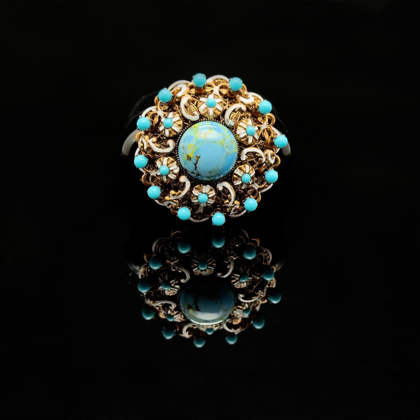 Vintage Art Deco Copper Stone Boho Floral Brooch 40mm