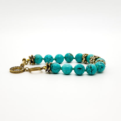 Vintage Art Deco Turquoise Rhinestone Copper Adjustable Bracelet Handmade Gift