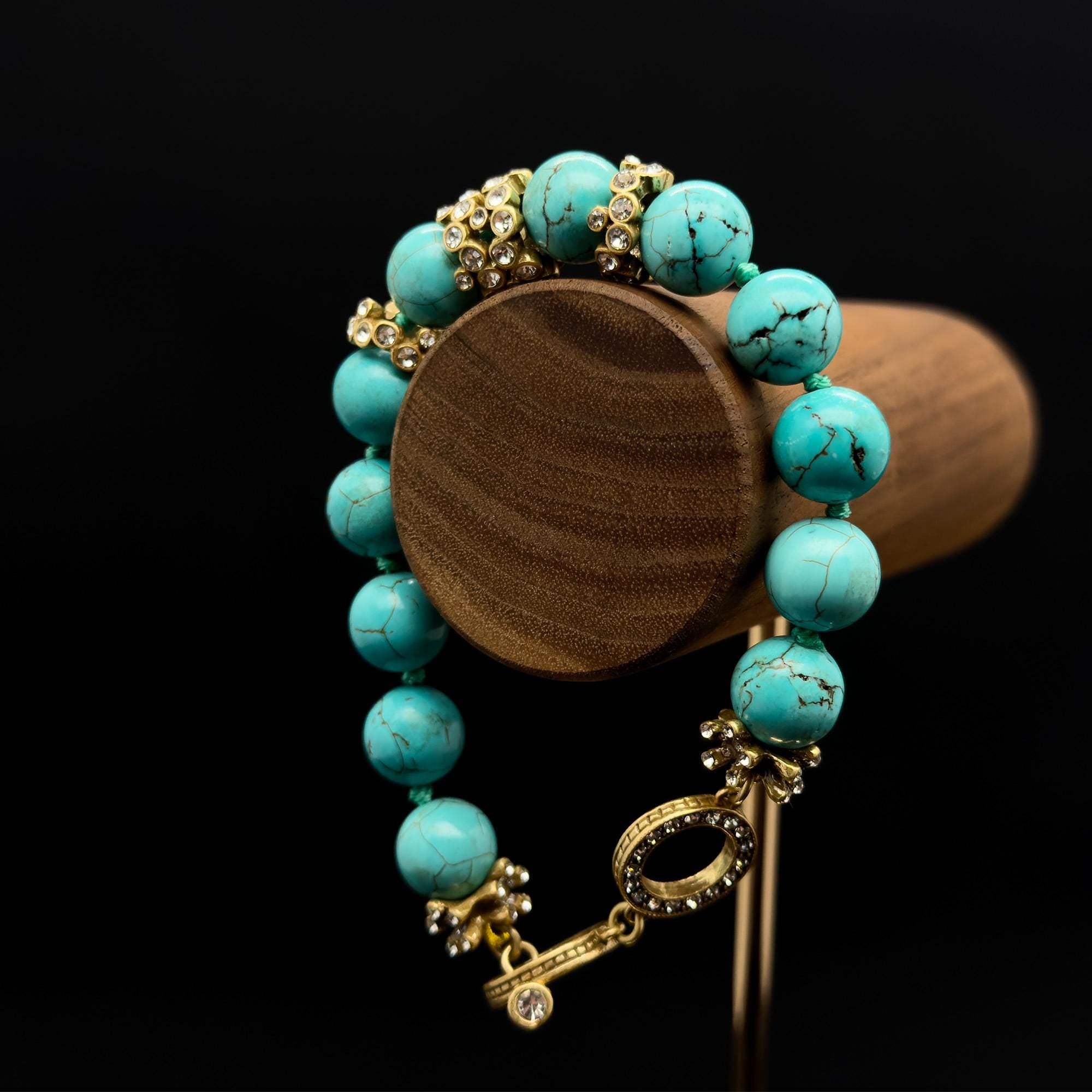 Vintage Art Deco Turquoise Rhinestone Copper Adjustable Bracelet Handmade Gift