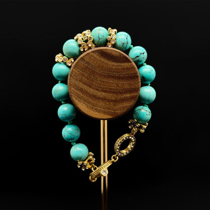 Vintage Art Deco Turquoise Rhinestone Copper Adjustable Bracelet Handmade Gift