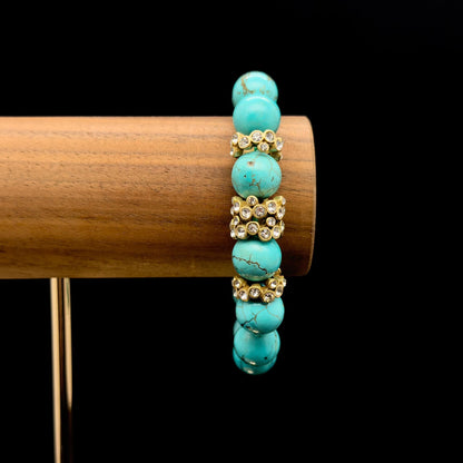 Vintage Art Deco Turquoise Rhinestone Copper Adjustable Bracelet Handmade Gift