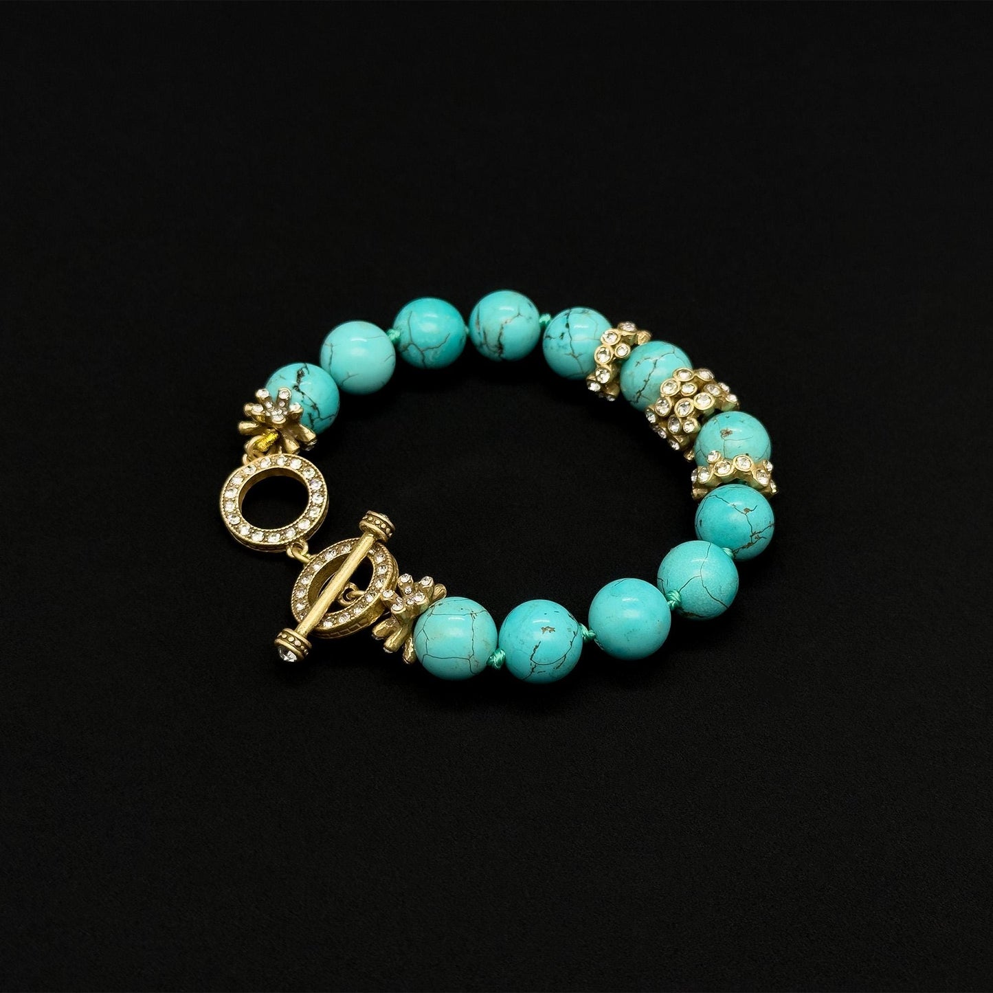 Vintage Art Deco Turquoise Rhinestone Copper Adjustable Bracelet Handmade Gift