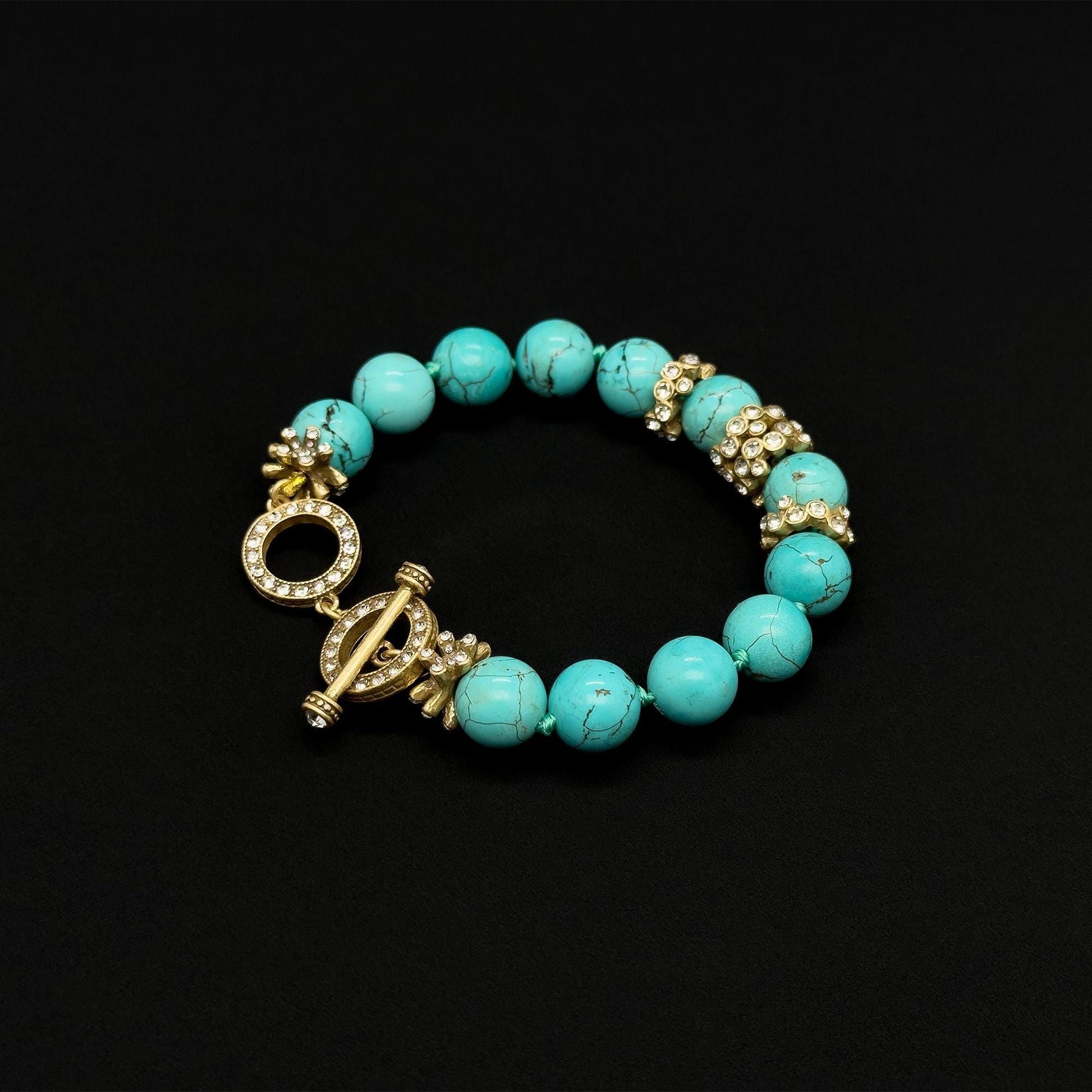 Vintage Art Deco Turquoise Rhinestone Copper Adjustable Bracelet Handmade Gift