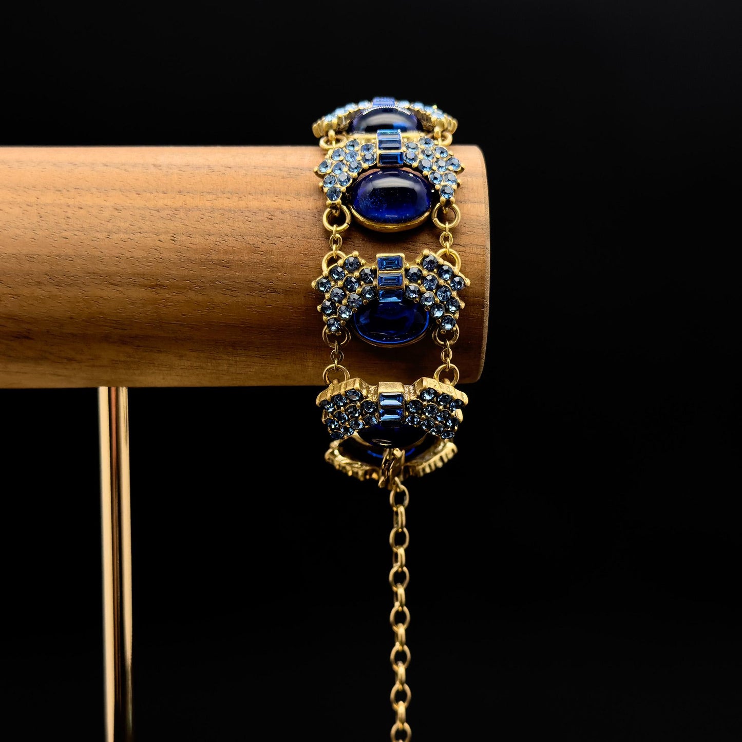 Vintage Art Deco Blue Glass Wide Bracelet with Zircon