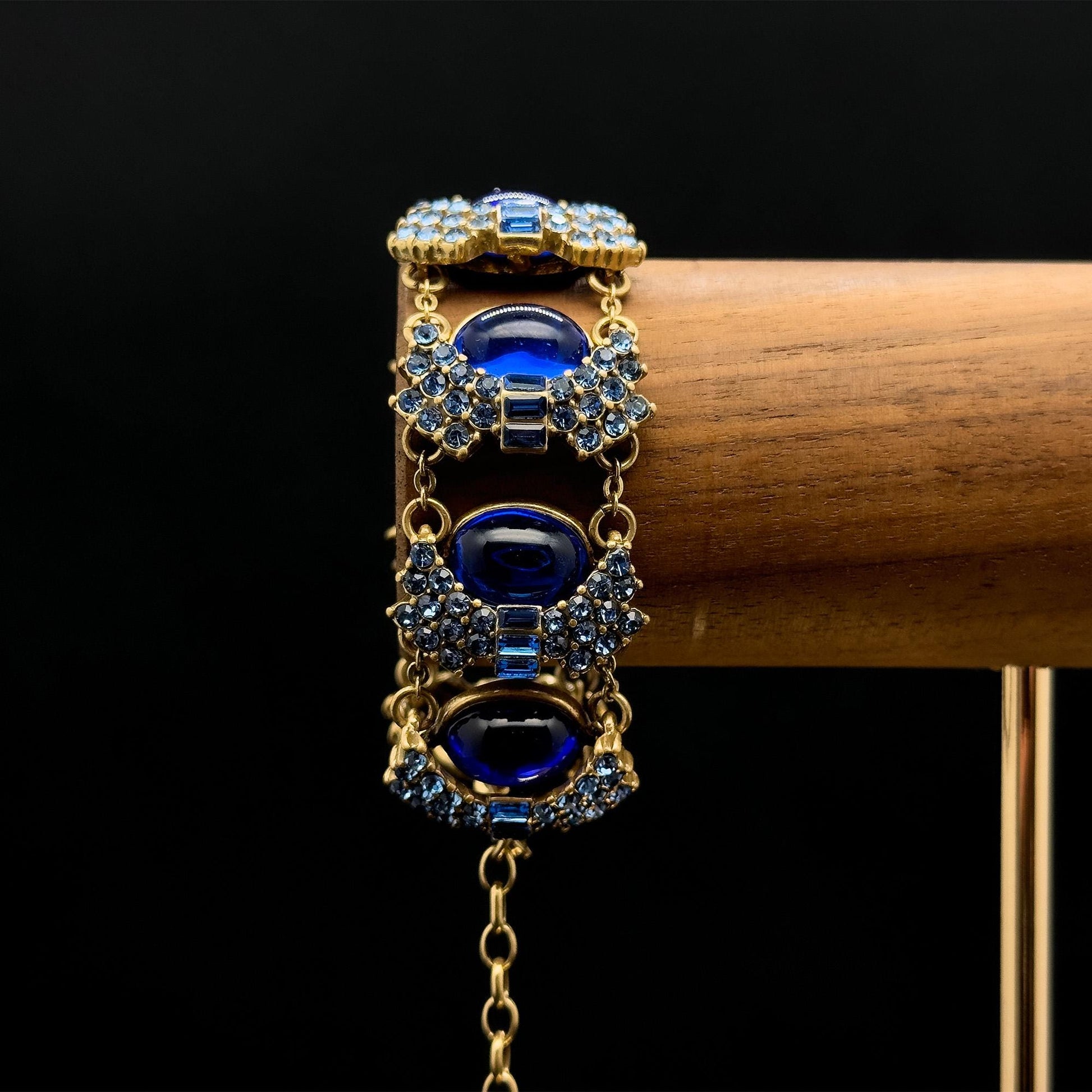 Vintage Art Deco Blue Glass Wide Bracelet with Zircon
