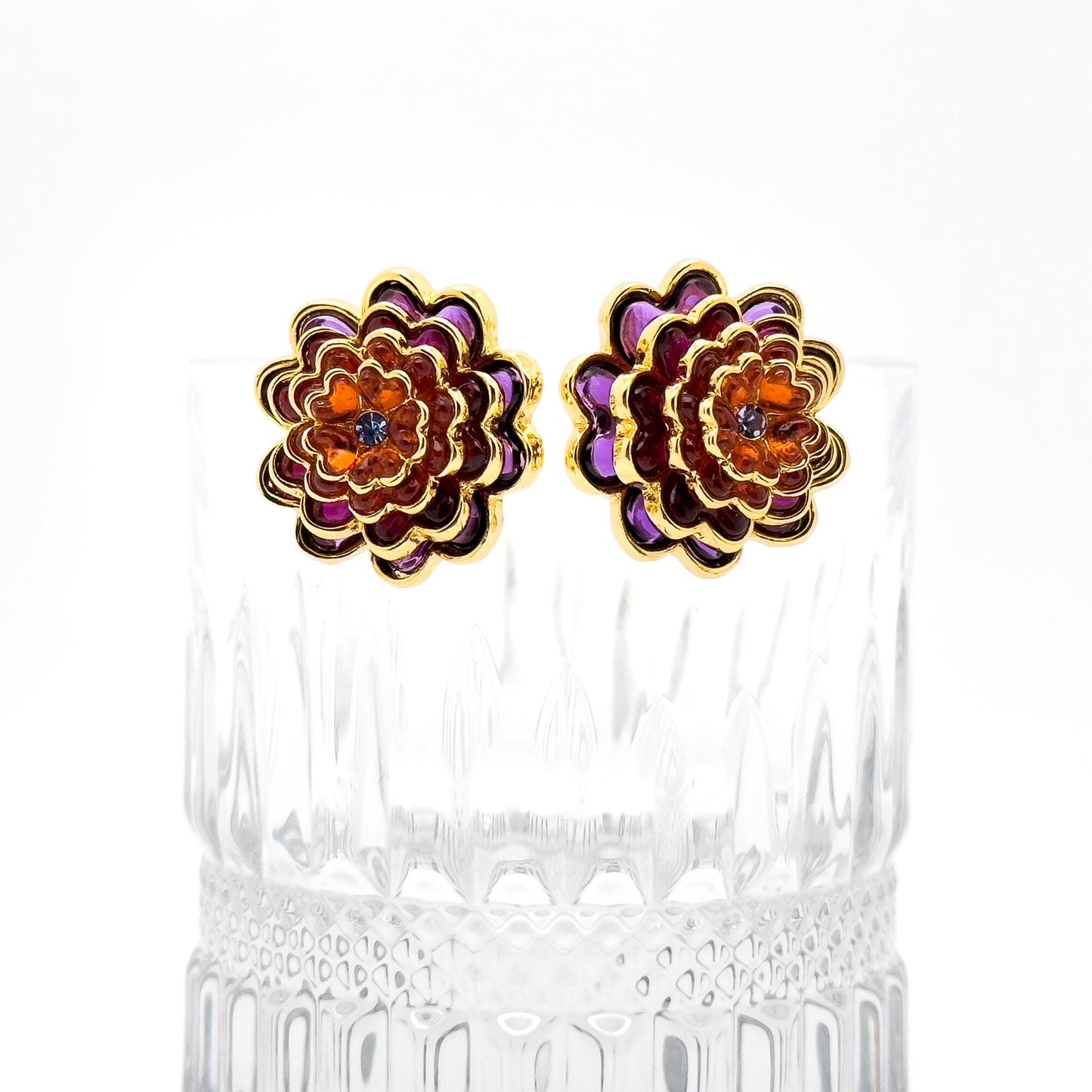 French Minimalist Multi-layer Flower Crystal Stud Earrings Gold-plated