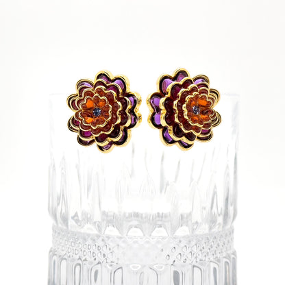 French Minimalist Multi-layer Flower Crystal Stud Earrings Gold-plated