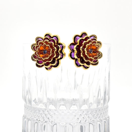 French Minimalist Multi-layer Flower Crystal Stud Earrings Gold-plated