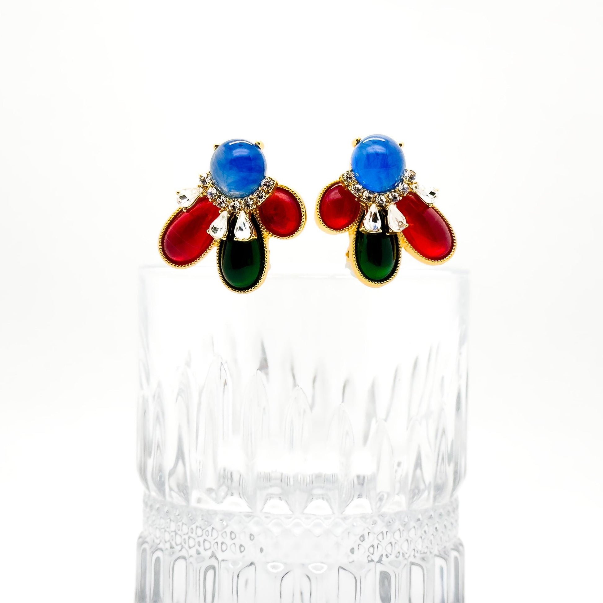 French Vintage Contrast Crystal Resin Stud Earrings Gold-Plated
