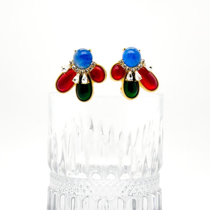 French Vintage Contrast Crystal Resin Stud Earrings Gold-Plated