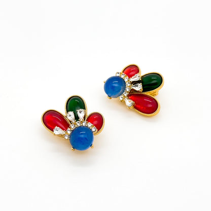 French Vintage Contrast Crystal Resin Stud Earrings Gold-Plated