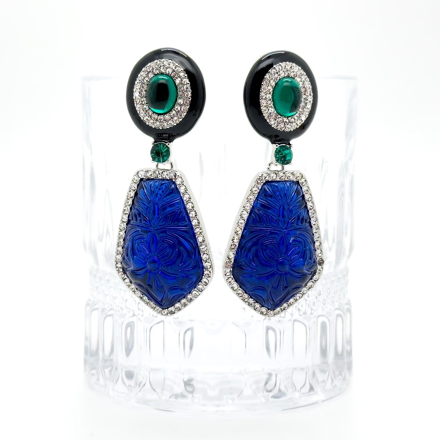 French Vintage Blue Glass Totem Statement Dangle Earrings, Art Deco