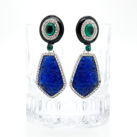 French Vintage Blue Glass Totem Statement Dangle Earrings, Art Deco