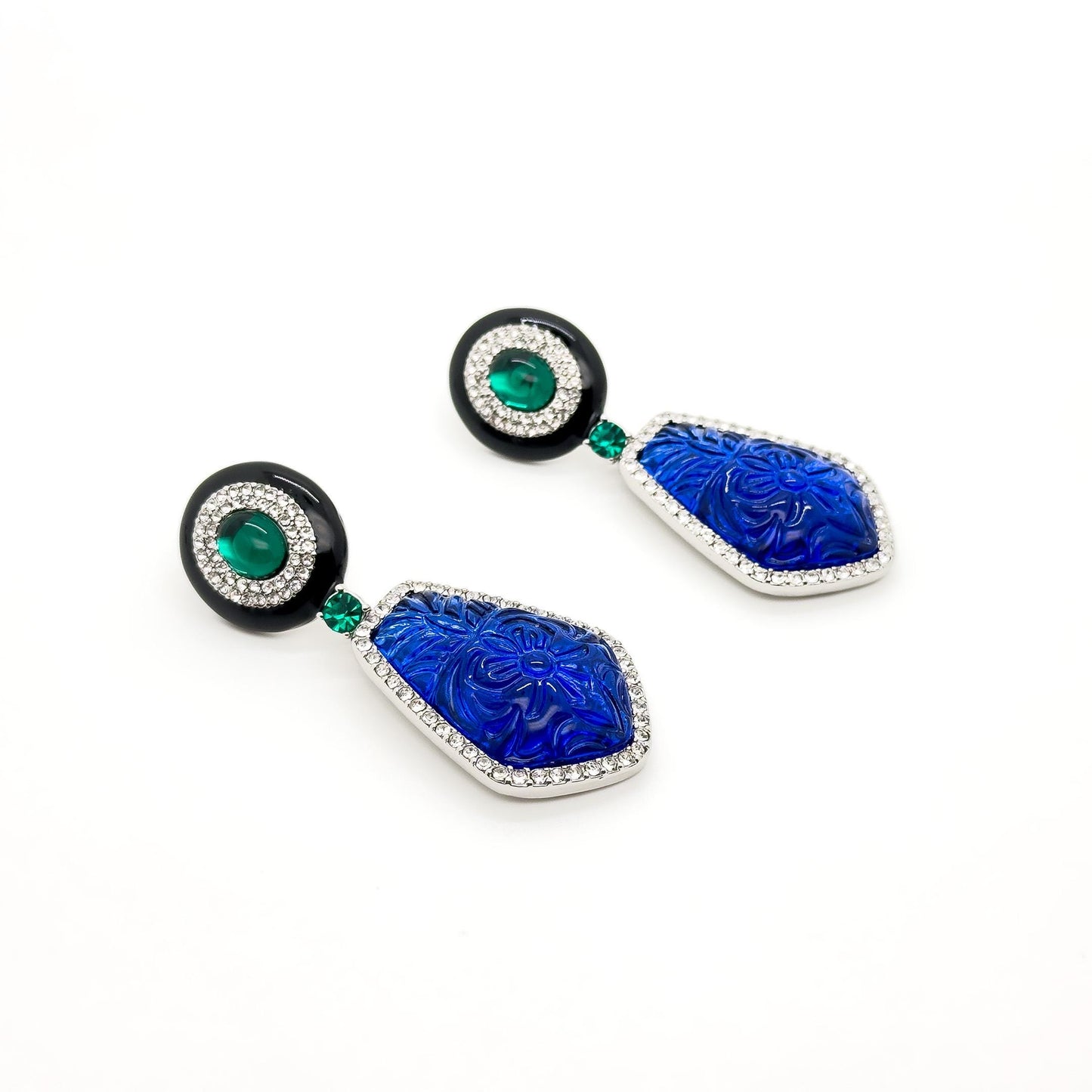 French Vintage Blue Glass Totem Statement Dangle Earrings, Art Deco