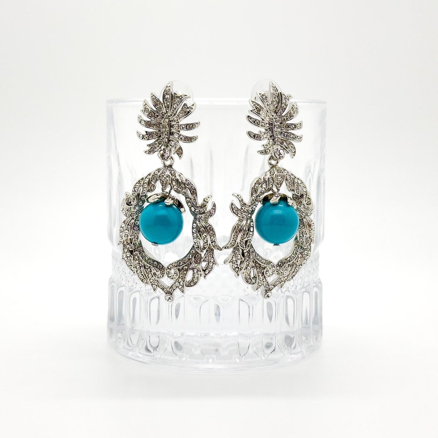 Vintage Art Deco Turquoise Drop Earrings with Rhinestone Accents