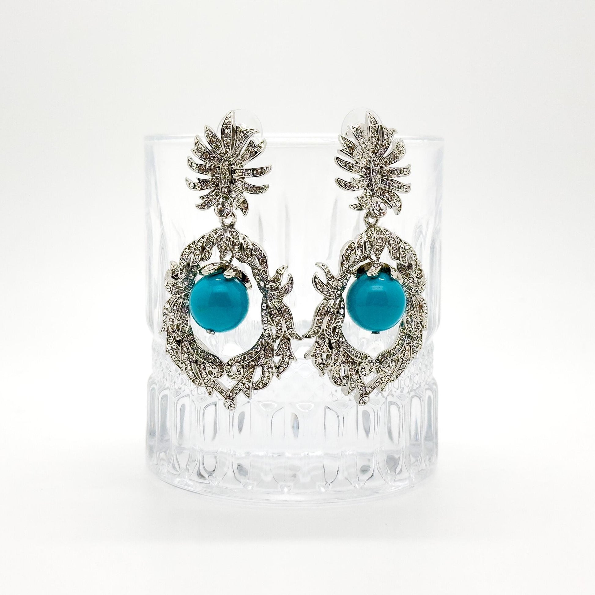 Vintage Art Deco Turquoise Drop Earrings with Rhinestone Accents
