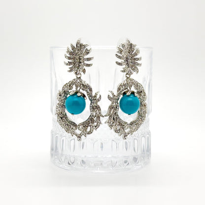Vintage Art Deco Turquoise Drop Earrings with Rhinestone Accents