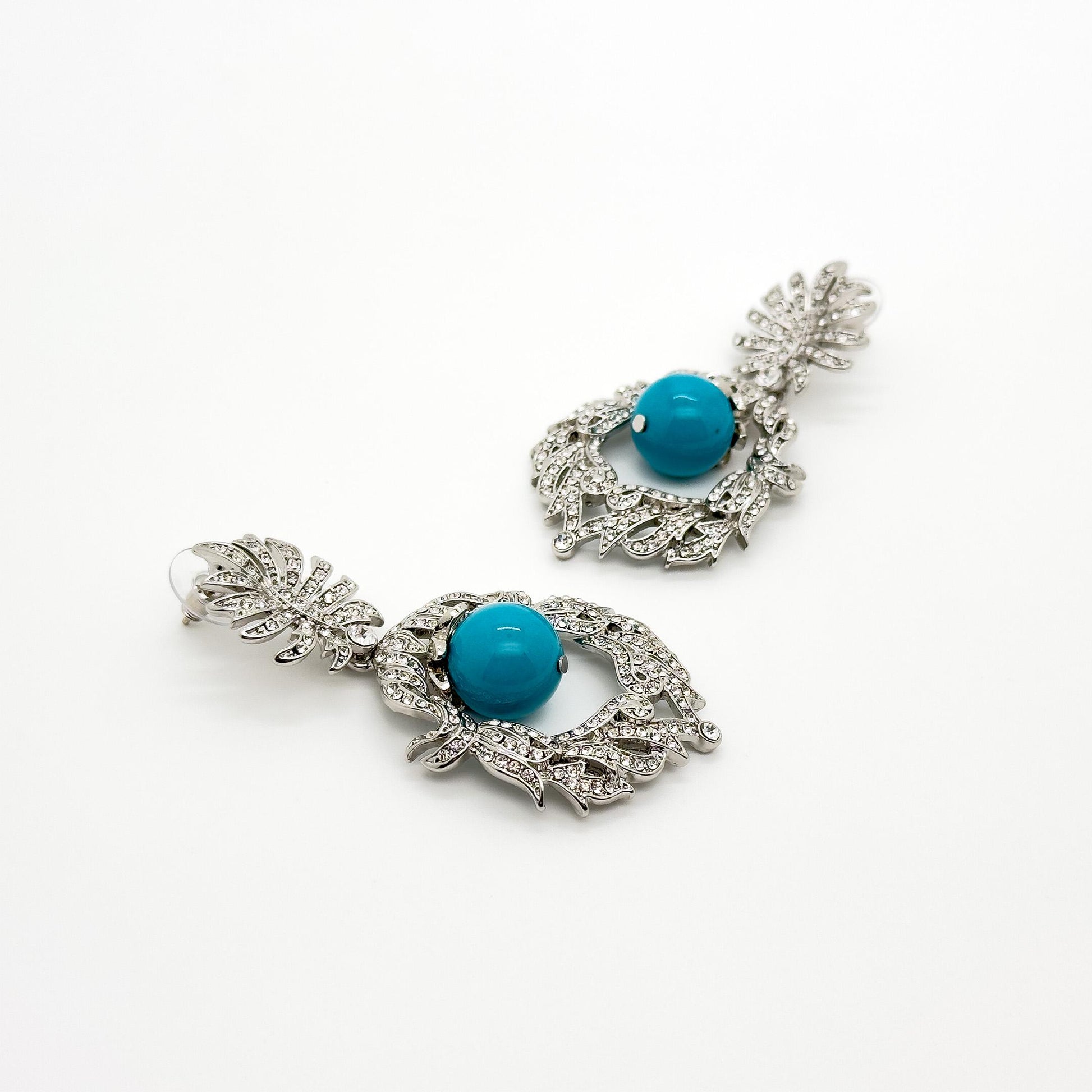 Vintage Art Deco Turquoise Drop Earrings with Rhinestone Accents