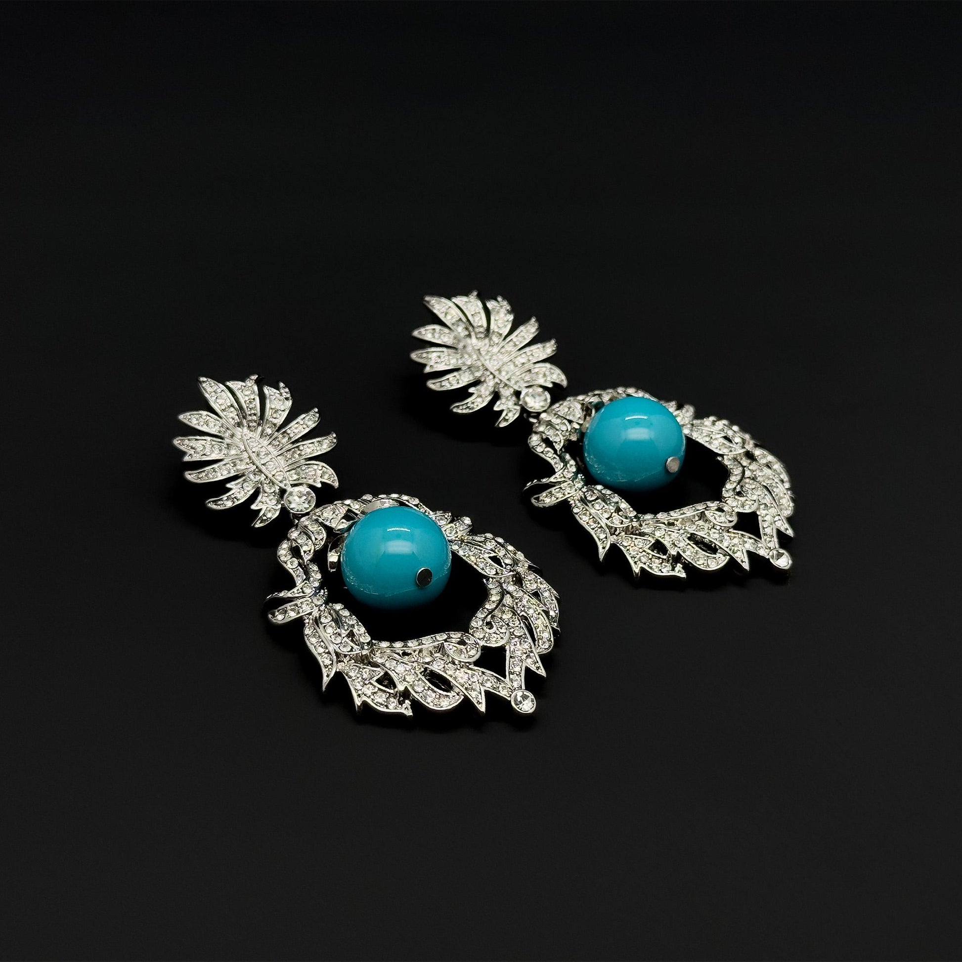 Vintage Art Deco Turquoise Drop Earrings with Rhinestone Accents