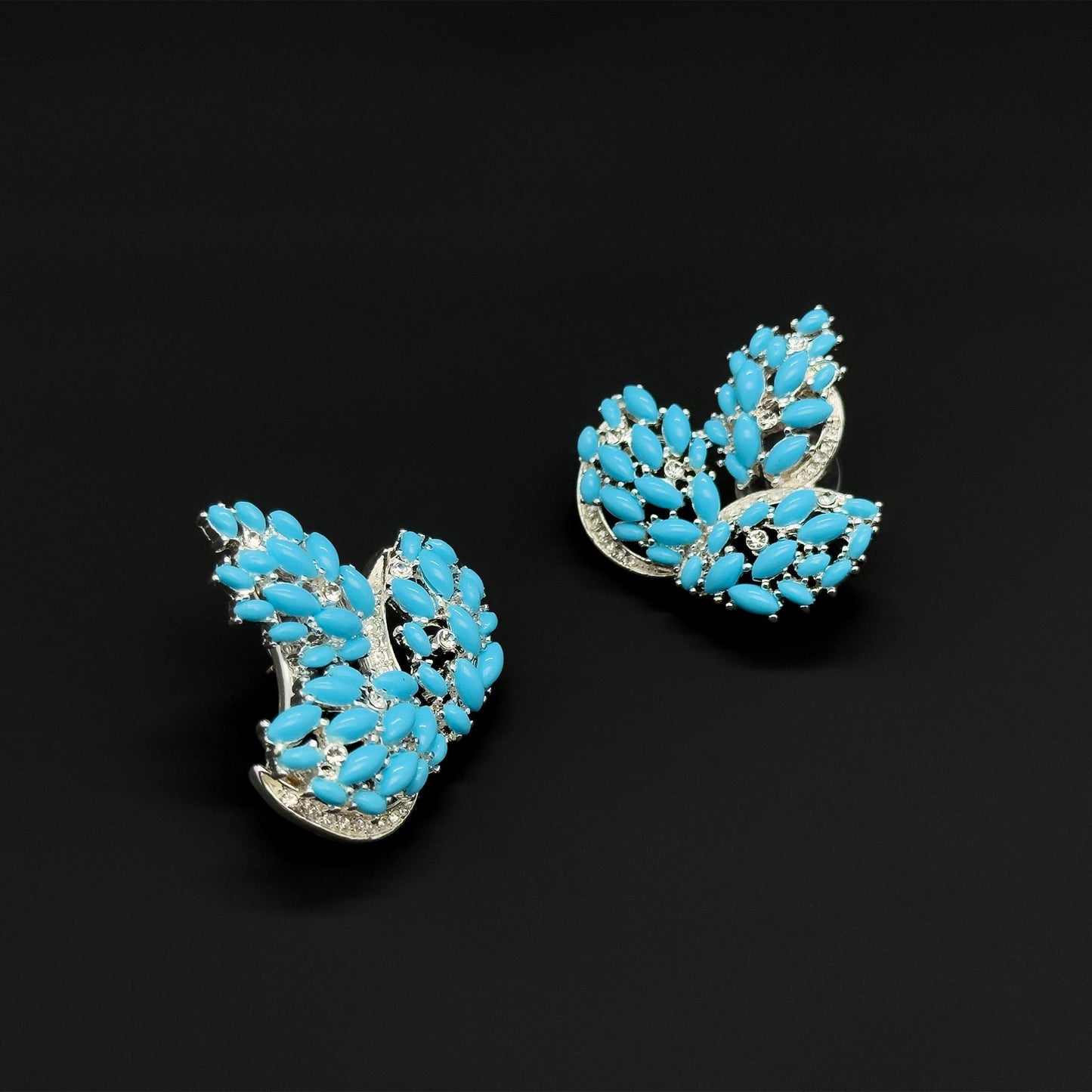 French Blue Leaf Rhinestone Drop Earrings Vintage Art Deco Style