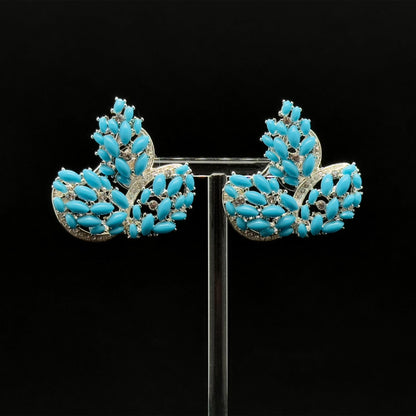 French Blue Leaf Rhinestone Drop Earrings Vintage Art Deco Style