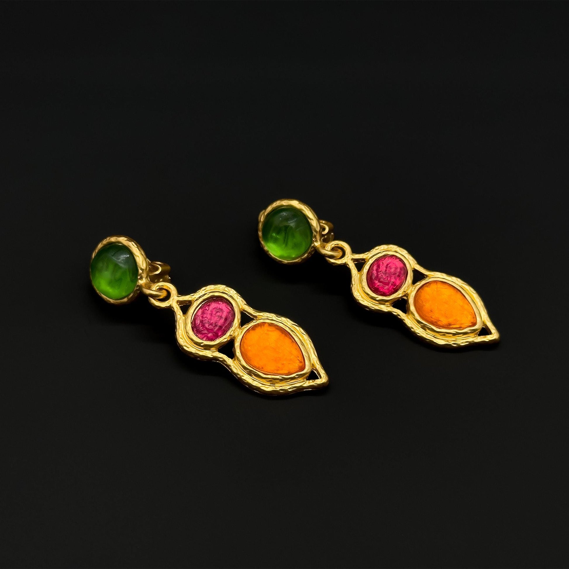 French Retro Palace Colourful Glass Dangle Earrings with Gold