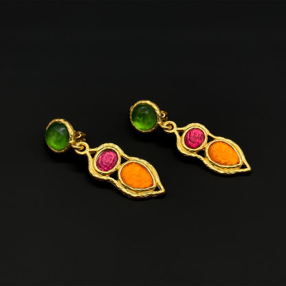 French Retro Palace Colourful Glass Dangle Earrings with Gold