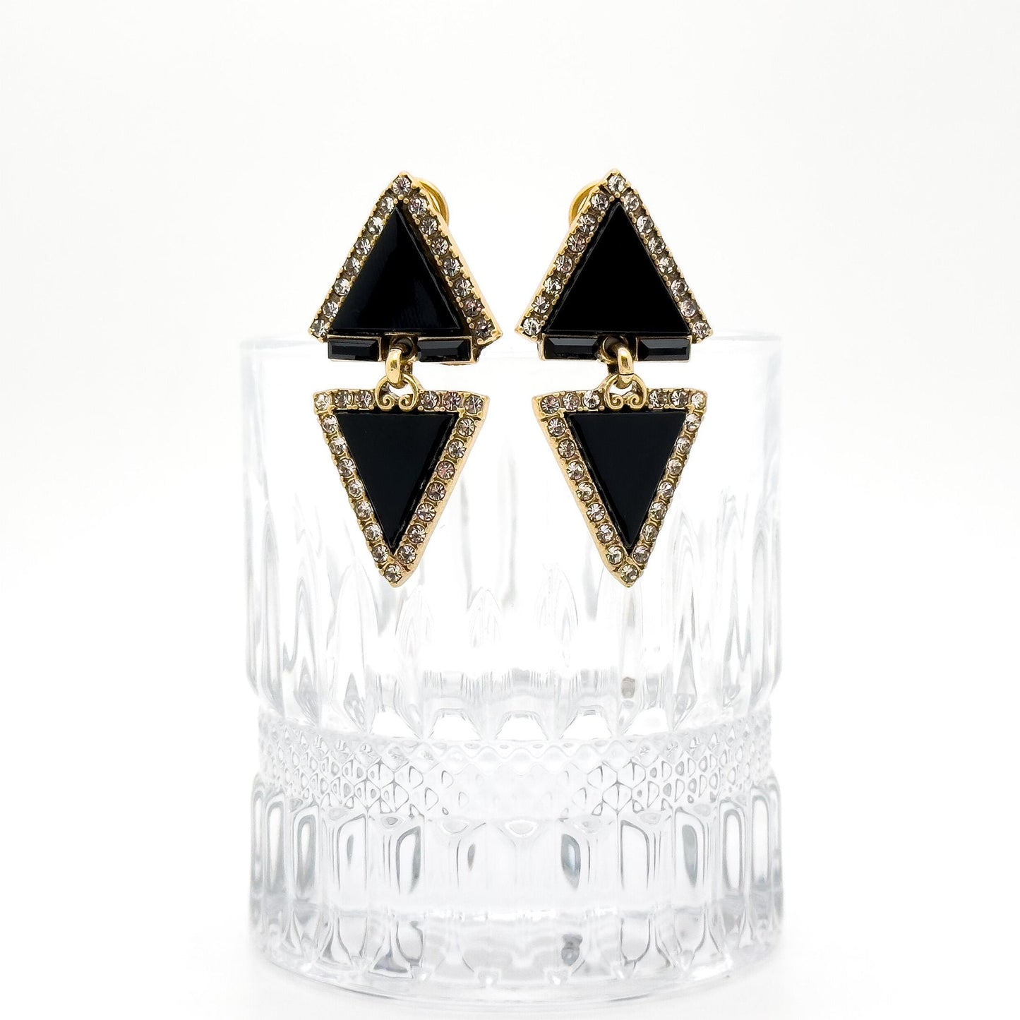 Art Deco Rhinestone Triangle Dangle Earrings with Copper Hooks
