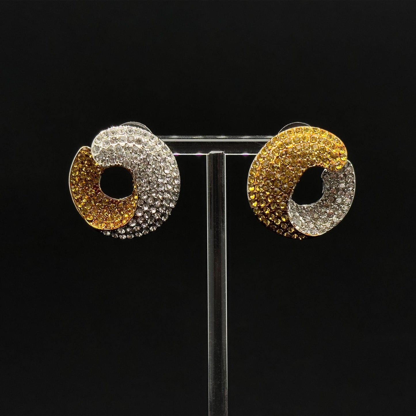 French Retro Contrast Hoop Earrings Gold Plated Rhinestone Art Deco